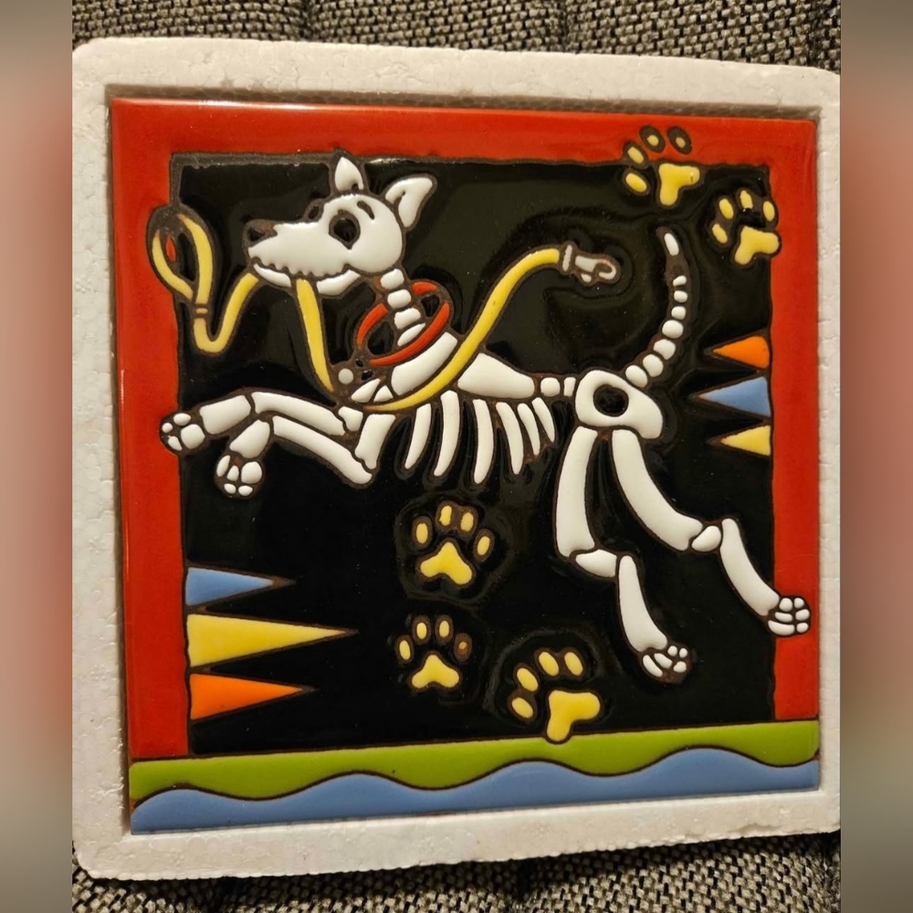 Hand n Hand Designs Earthtones Hand Glazed Art Tile Decor Accents Skeleton Dog